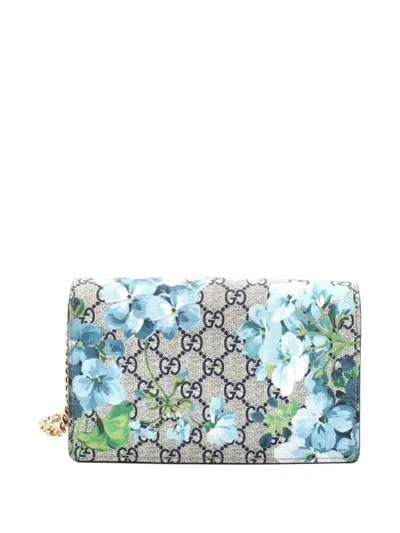 Pre-owned Gucci Chain Wallet Blooms Print Gg Coated Canvas Crossbody Bag In Blue