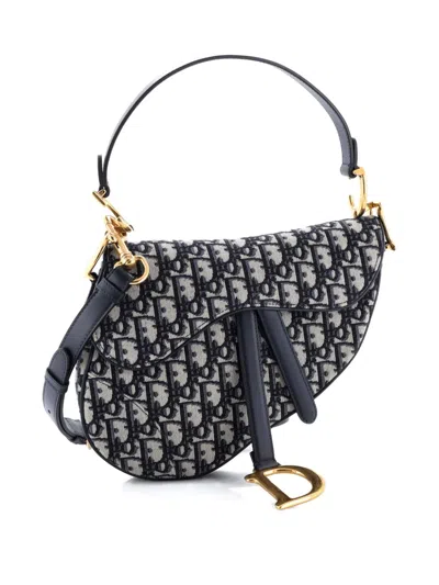 Pre-owned Dior Saddle Handbag With Strap Oblique Canvas Medium Shoulder Bag In Blue