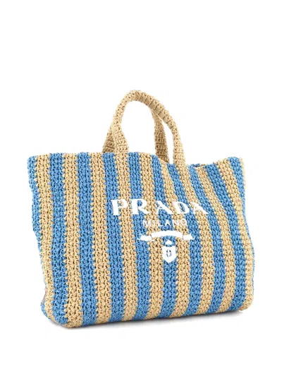 Pre-owned Prada Logo Raffia Large Tote Bag In Blue