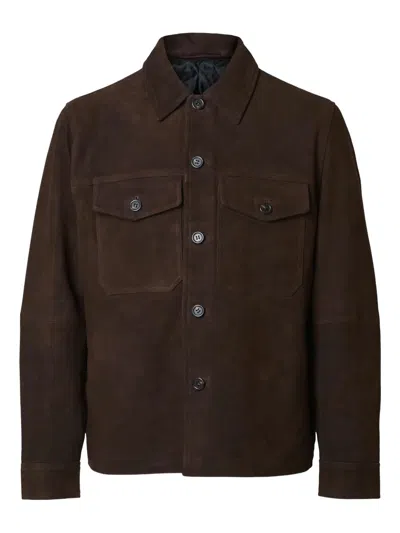 Selected Button-down Long-sleeved Casual Jacket In Brown