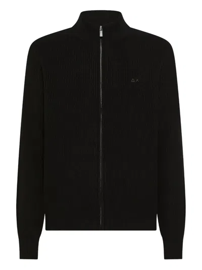 Sun 68 Logo-embroidered Zip-up Cardigan In Black