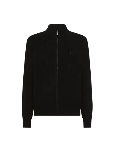 Sun 68 Logo-embroidered Zip-up Cardigan In Black