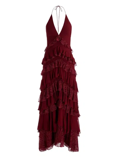 Alice And Olivia Liana V Neck Ruffle Maxi Dress Oxblood In Brown