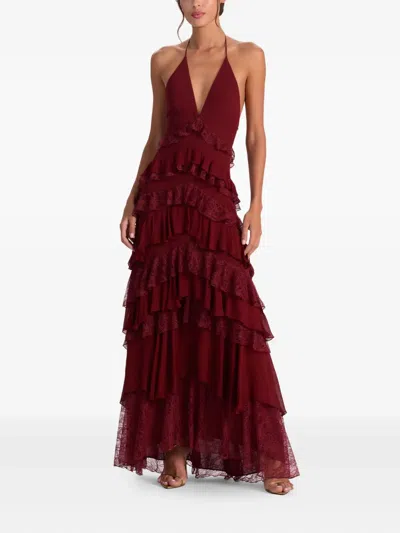Alice And Olivia Liana V Neck Ruffle Maxi Dress Oxblood In Brown