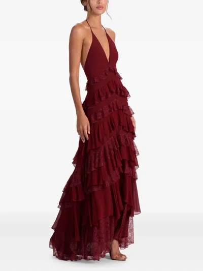 Alice And Olivia Liana V Neck Ruffle Maxi Dress Oxblood In Brown