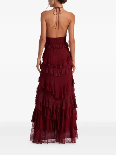 Alice And Olivia Liana V Neck Ruffle Maxi Dress Oxblood In Brown