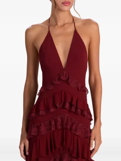 Alice And Olivia Liana V Neck Ruffle Maxi Dress Oxblood In Brown
