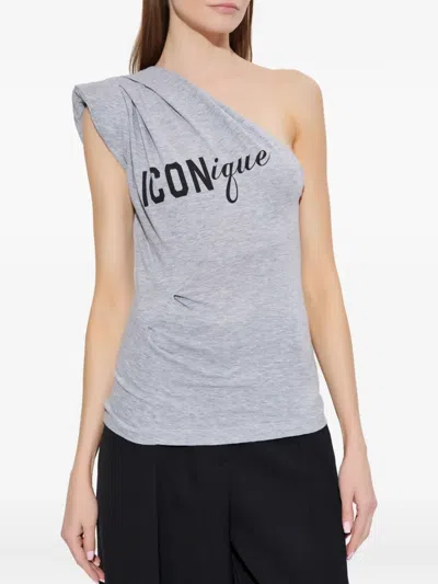 Dsquared2 One-shoulder Graphic-print Top In Gray