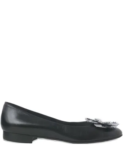 Pre-owned Chanel Camellia Leather Ballet Flats In Black