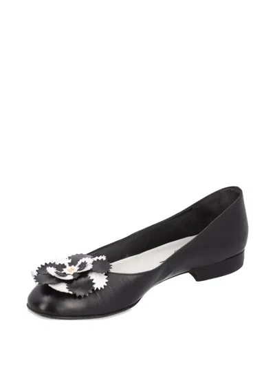 Pre-owned Chanel Camellia Leather Ballet Flats In Black
