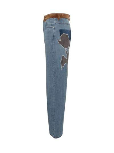Marni Wide Leg Jeans With Suede Detail In Blue