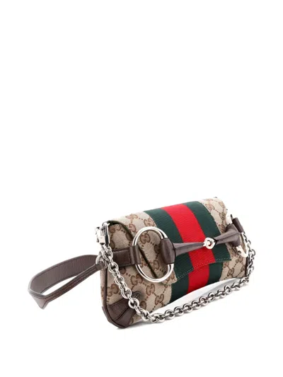 Pre-owned Gucci Horsebit Nm Web Chain Clutch Gg Canvas Small Shoulder Bag In Neutral