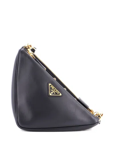 Pre-owned Prada Double Symbole Triangle Bag Leather And Jacquard Mini Shoulder Bag In Black