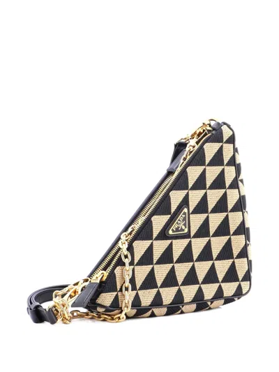 Pre-owned Prada Double Symbole Triangle Bag Leather And Jacquard Mini Shoulder Bag In Black
