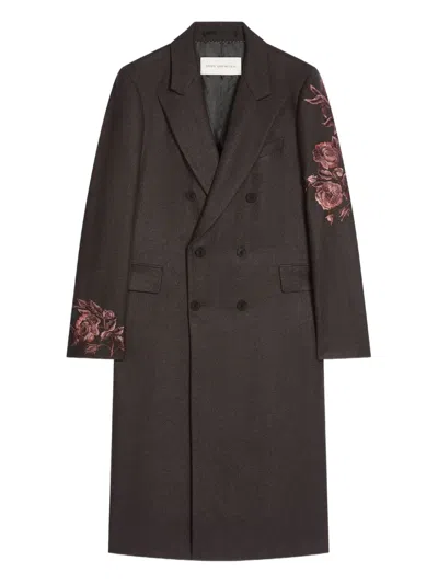 Dries Van Noten Floral-embroidered Wool Coat In Brown