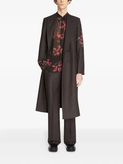 Dries Van Noten Floral-embroidered Wool Coat In Brown