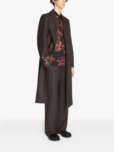 Dries Van Noten Floral-embroidered Wool Coat In Brown