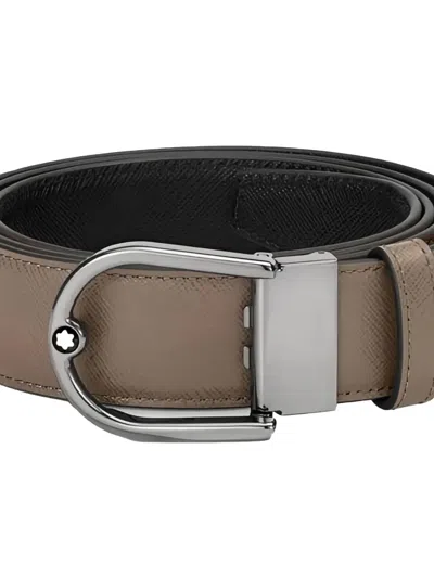 Montblanc Horseshoe Buckle Saffiano Printed Reversible Leather Belt In Brown