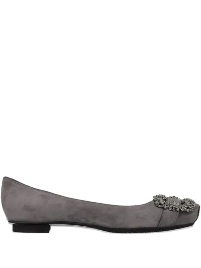 Pre-owned Alberta Ferretti Rhinestone-buckle Suede Flat Sandals In Gray