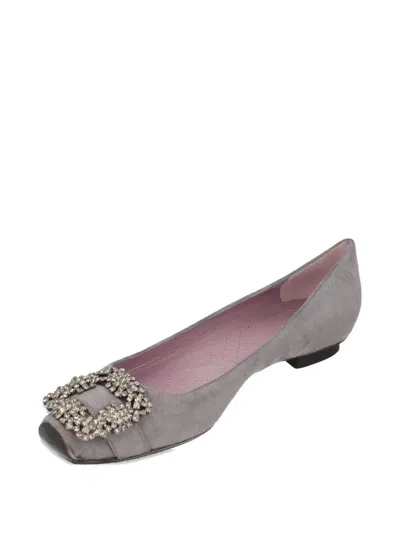 Pre-owned Alberta Ferretti Rhinestone-buckle Suede Flat Sandals In Gray