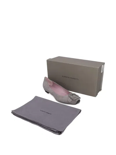 Pre-owned Alberta Ferretti Rhinestone-buckle Suede Flat Sandals In Gray