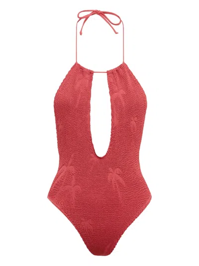 Bondeye Bisou Palm-motif Textured Swimsuit In Red