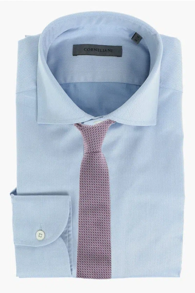 Corneliani Herringbone Patterned Shirt With Spread Collar In Blue