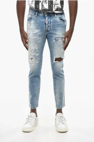 Dsquared2 Vintage Effect Skater Jeans With Visible Stitching 15cm In Blue