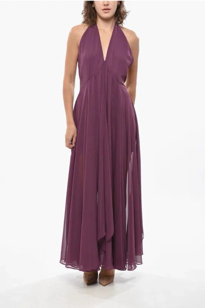 Rotate Birger Christensen Halter Neck Chiffon Maxi Dress In Purple