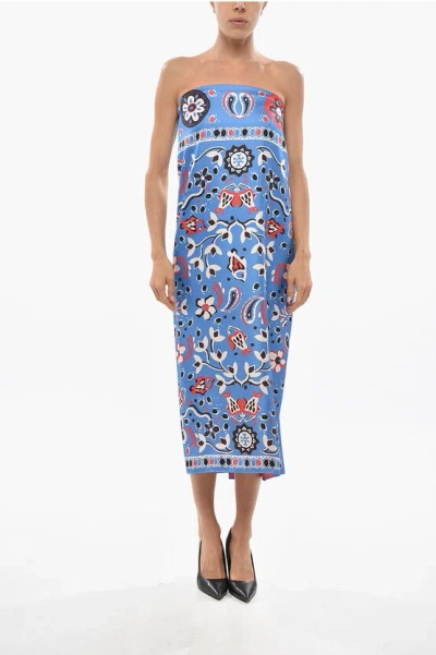 Tory Burch Floral Patterned Silk Strapless Dress In Blue