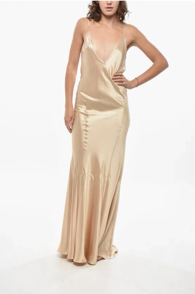 Saint Laurent Silk Satin Slip Dress With V Neck In Neutral