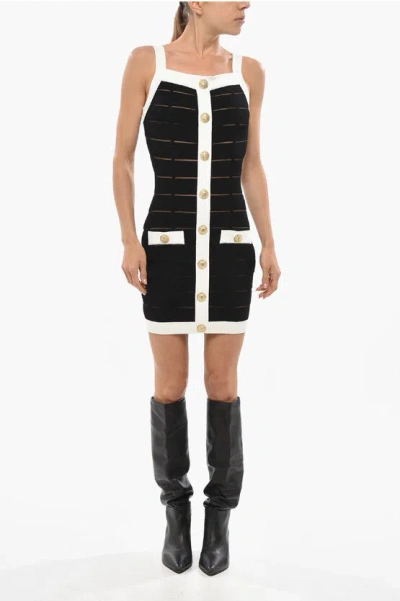 Balmain Front Buttoned Knitted Sheath Dress With Contrasting Details In Black