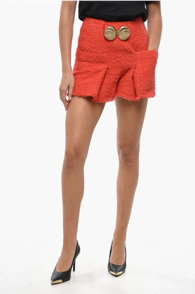 Balmain Tweed Escargot Shorts With Jewel Detail In Red