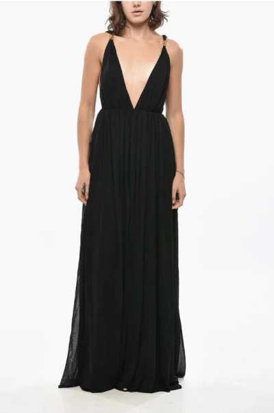 Saint Laurent Long Dress With Deep V-neck And Shoulder Straps Embellished In Black