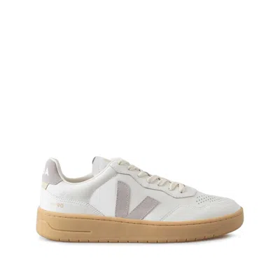 Veja V-90 O.t. Leather Men Sneaker In White Light Grey In Gray