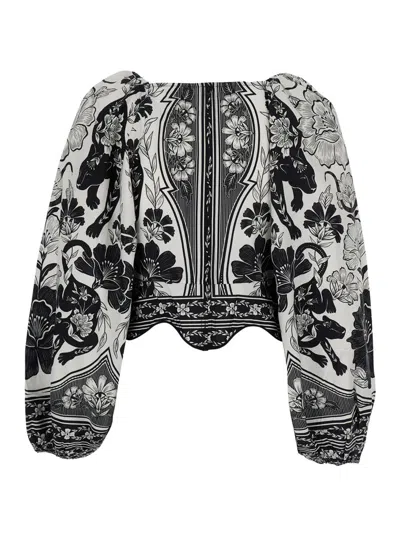Farm Rio 'flower Leopard' Black And White Blouse With Boat Neckline And All-over Floral Print In Cotton Woman In Multi