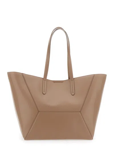 Brunello Cucinelli Beige Tote Bag With Logo Lettering On The Front And Geometric Panels Design In Leather Woman In Brown