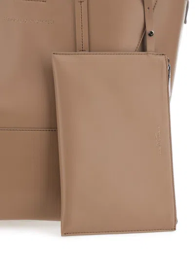 Brunello Cucinelli Beige Tote Bag With Logo Lettering On The Front And Geometric Panels Design In Leather Woman In Brown