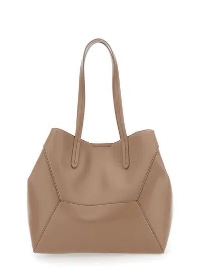 Brunello Cucinelli Beige Tote Bag With Logo Lettering On The Front And Geometric Panels Design In Leather Woman In Brown