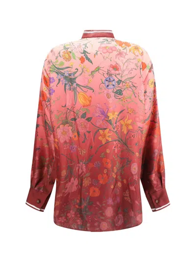 Gucci Bordeaux Shirt With Collar With Bow And All-over Flora Print In Silk Woman In Red