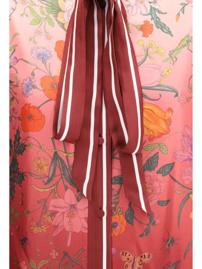 Gucci Bordeaux Shirt With Collar With Bow And All-over Flora Print In Silk Woman In Red
