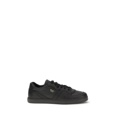Prada Leather Sneakers With Flat Sole And Round Toe In Black