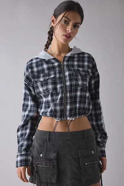 True Religion Plaid Zip Crop Hoodie In Black