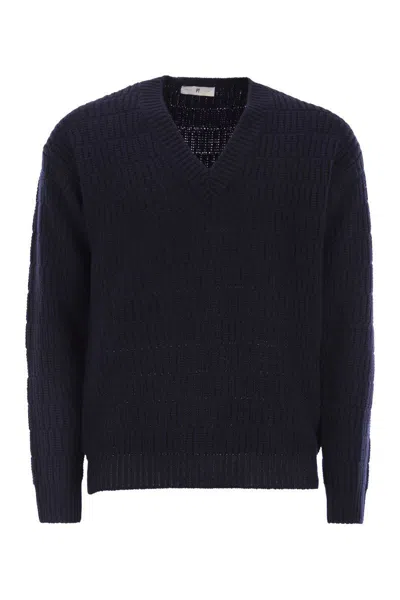 Pt Torino Wool Sweater With V-neck In Blue
