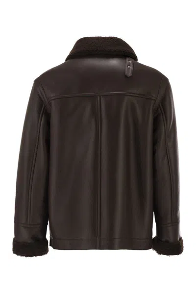 Pt Torino Shearling-trim Leather Jacket In Brown
