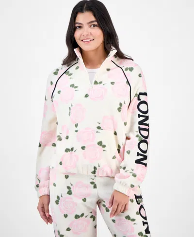 Rebellious One Juniors' London Rose-print Polar Fleece Half-zip Top In Multi