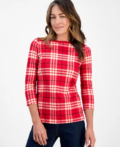 Style & Co Petite Striped Boat-neck Top, Macy's Exclusive In Red