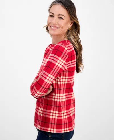 Style & Co Petite Striped Boat-neck Top, Macy's Exclusive In Red