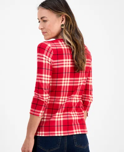 Style & Co Petite Striped Boat-neck Top, Macy's Exclusive In Red