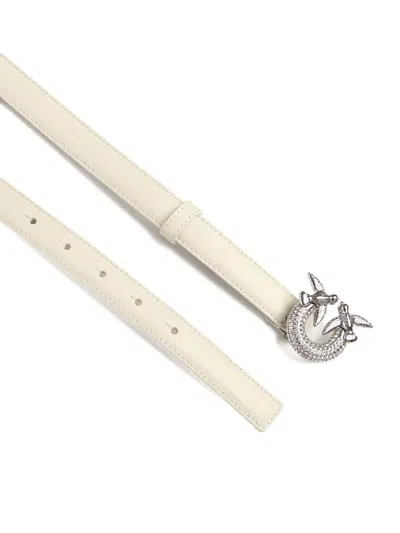 Pinko Leather Belt With Love Birds Buckle And Rhinestones In Neutral